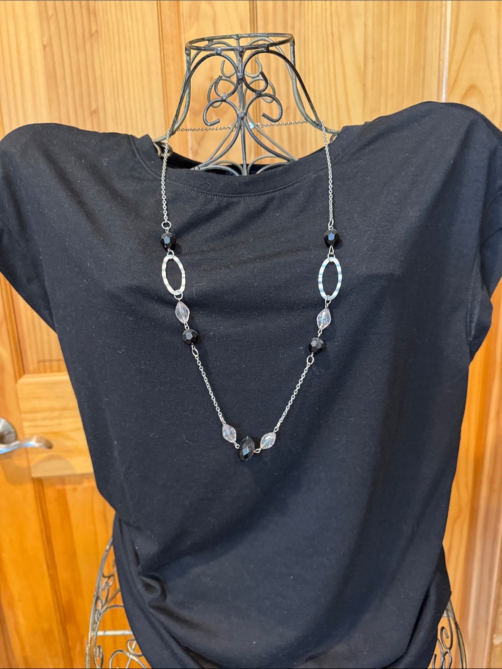 Elegant Black Bead & Silver Link Long Necklace - Unbranded